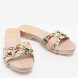 Pre Owned Gucci White Floral Print Canvas and Leather Icon Bit Wooden Clogs 38