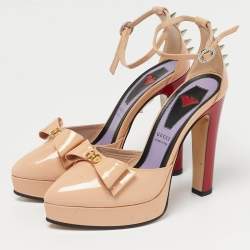Pre Owned Gucci Beige Patent Leather Sadie Bow Spike Platform Pumps Size 36