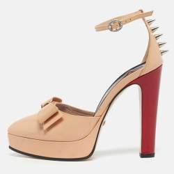 Pre Owned Gucci Beige Patent Leather Sadie Bow Spike Platform Pumps Size 36