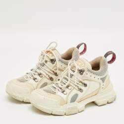 Pre Owned Gucci White/Grey Leather and Mesh Flashtrek Lace Up Sneakers Size 37