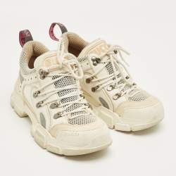 Pre Owned Gucci White/Grey Leather and Mesh Flashtrek Lace Up Sneakers Size 37