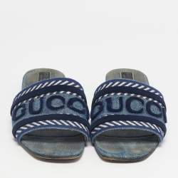Pre Owned Gucci Blue Denim Logo Flat Slides Size 40.5