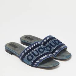 Pre Owned Gucci Blue Denim Logo Flat Slides Size 40.5