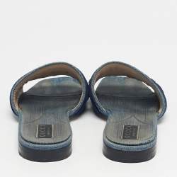 Pre Owned Gucci Blue Denim Logo Flat Slides Size 40.5
