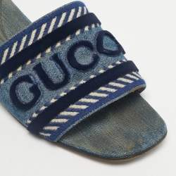 Pre Owned Gucci Blue Denim Logo Flat Slides Size 40.5