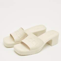 Pre Owned Gucci White Rubber Logo Slide Sandals Size 38