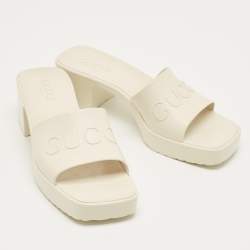 Pre Owned Gucci White Rubber Logo Slide Sandals Size 38