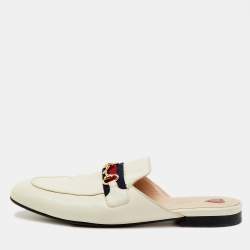 Pre Owned Gucci White Leather Web Horsebit Princetown Flat Mules Size 39