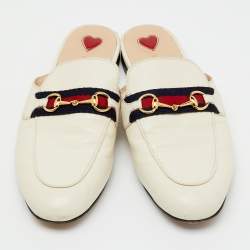 Pre Owned Gucci White Leather Web Horsebit Princetown Flat Mules Size 39
