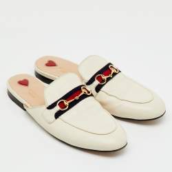 Pre Owned Gucci White Leather Web Horsebit Princetown Flat Mules Size 39