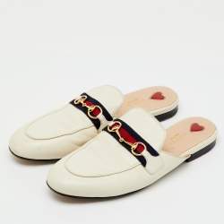 Pre Owned Gucci White Leather Web Horsebit Princetown Flat Mules Size 39