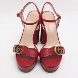 Pre Owned Gucci Red Leather GG Marmont Ankle Strap Sandals Size 38