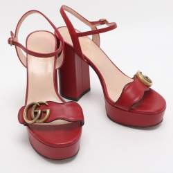 Pre Owned Gucci Red Leather GG Marmont Ankle Strap Sandals Size 38