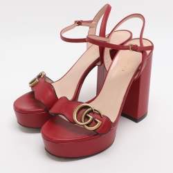 Pre Owned Gucci Red Leather GG Marmont Ankle Strap Sandals Size 38