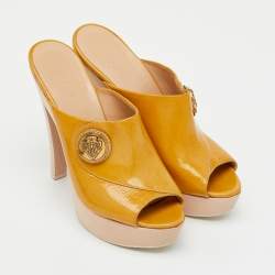 Pre Owned Gucci Yellow Patent Leather Hysteria Wooden Platform Sandals Size 39