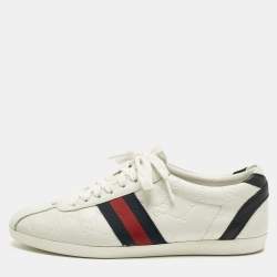 Pre Owned Gucci White Leather Guccissima Web Lace Up Sneakers Size 37.5