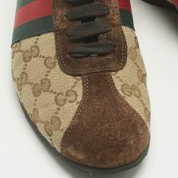 Pre Owned Gucci Brown/Beige Canvas and Suede Ace Lace Up Sneakers Size 38.5