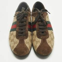 Pre Owned Gucci Brown/Beige Canvas and Suede Ace Lace Up Sneakers Size 38.5