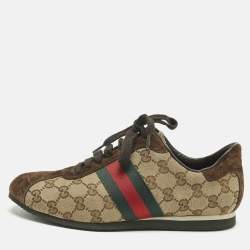 Pre Owned Gucci Brown/Beige Canvas and Suede Ace Lace Up Sneakers Size 38.5