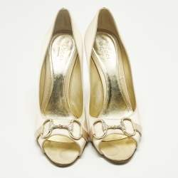 Pre Owned Gucci Beige Satin Horsebit Peep Toe Pumps Size 39
