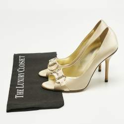 Pre Owned Gucci Beige Satin Horsebit Peep Toe Pumps Size 39