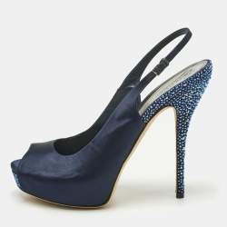 Pre Owned Gucci Navy Blue Satin Peep Toe Slingback Pumps Size 40