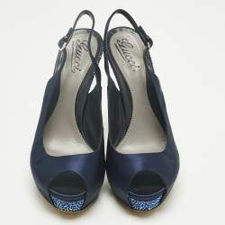 Pre Owned Gucci Navy Blue Satin Peep Toe Slingback Pumps Size 40