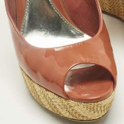 Pre Owned Gucci Coral Red Patent Leather Espadrille Wedge Slingback Pumps Size 41