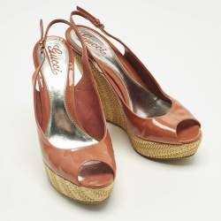 Pre Owned Gucci Coral Red Patent Leather Espadrille Wedge Slingback Pumps Size 41
