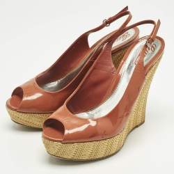 Pre Owned Gucci Coral Red Patent Leather Espadrille Wedge Slingback Pumps Size 41