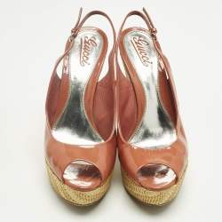 Pre Owned Gucci Coral Red Patent Leather Espadrille Wedge Slingback Pumps Size 41
