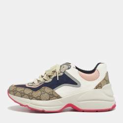 Pre Owned Gucci Multicolor GG Supreme Canvas and Leather Rhyton Sneakers Size 37.5