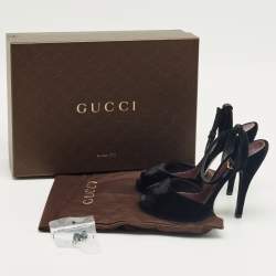 Pre Owned Gucci Black Velvet Peep Toe Ankle Strap Sandals Size 36.5