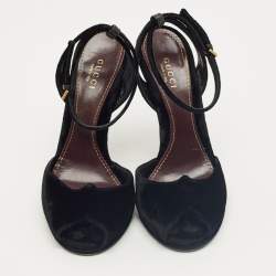 Pre Owned Gucci Black Velvet Peep Toe Ankle Strap Sandals Size 36.5