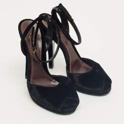 Pre Owned Gucci Black Velvet Peep Toe Ankle Strap Sandals Size 36.5