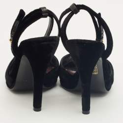 Pre Owned Gucci Black Velvet Peep Toe Ankle Strap Sandals Size 36.5