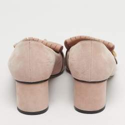 Pre Owned Gucci Light Pink Suede GG Marmont Fringe Block Heel Pumps Size 38.5