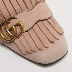 Pre Owned Gucci Light Pink Suede GG Marmont Fringe Block Heel Pumps Size 38.5