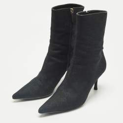 Pre Owned Gucci Navy Blue/Black GG Canvas Pointed Toe Ankle Length Boots Size 39