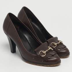 Pre Owned Gucci Brown Leather Horsebit Fringe Loafer Pumps Size 38