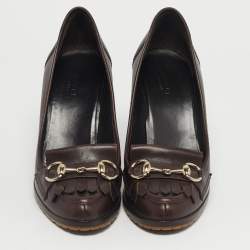 Pre Owned Gucci Brown Leather Horsebit Fringe Loafer Pumps Size 38