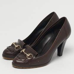 Pre Owned Gucci Brown Leather Horsebit Fringe Loafer Pumps Size 38