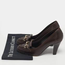 Pre Owned Gucci Brown Leather Horsebit Fringe Loafer Pumps Size 38