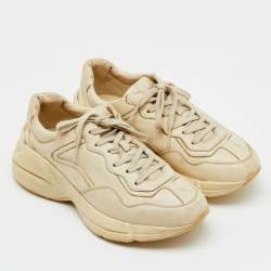 Pre Owned Gucci Cream Leather Rhyton Distressed Ivory Lace Up Sneakers Size 40