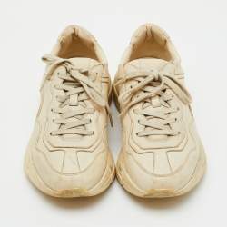 Pre Owned Gucci Cream Leather Rhyton Distressed Ivory Lace Up Sneakers Size 40