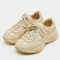 Pre Owned Gucci Cream Leather Rhyton Distressed Ivory Lace Up Sneakers Size 40