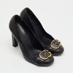 Pre Owned Gucci Black Leather GG Buckle Detail Round Toe Pumps Size 36.5