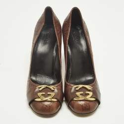 Pre Owned Gucci Brown GG Leather Interlocking Logo Round Toe Pumps Size 39.5