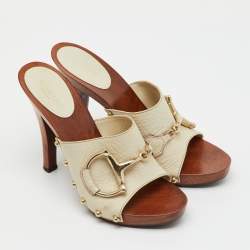 Pre Owned Gucci Off White Leather Icon Bit Platform Open Toe Clogs Size 36