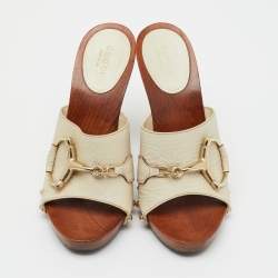 Pre Owned Gucci Off White Leather Icon Bit Platform Open Toe Clogs Size 36